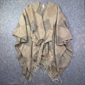 Liz Claiborne Poncho Cardigan Top Women's One Size Tan Plaid Fringe Belted Wrap